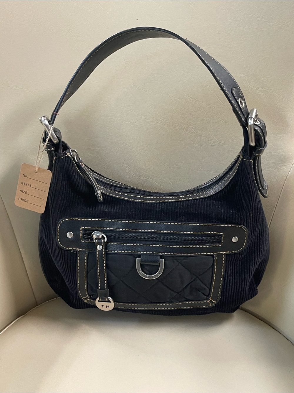 👛 25-Tommy Hilfiger- Black Quilted & Corduroy Shoulder Bag